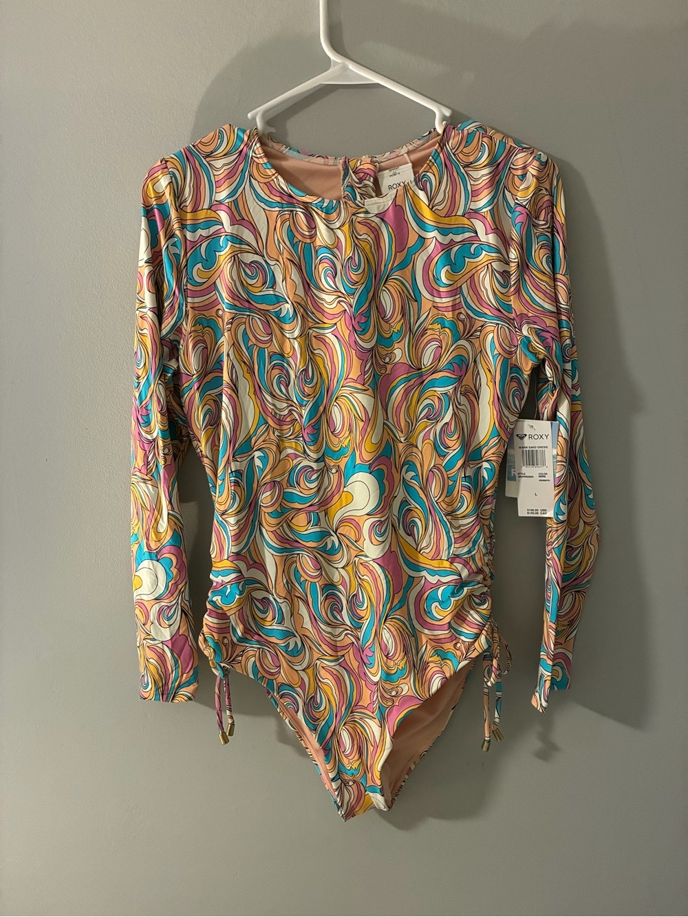 Roxy Warm Sand Swim Surf Onesie Swirl Print in Pink, Blue & Yellow